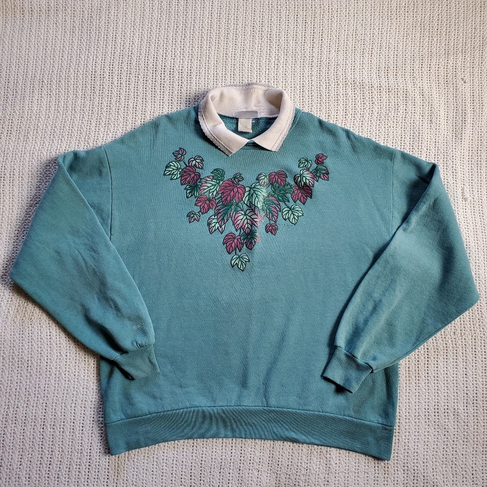 Morning Sun Vintage 1990's Leaves Green Sweatshirt Woman’s Large Collared